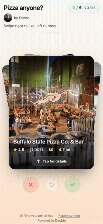 Voting a food poll on mobile, each option showing a photo, star rating, hours and distance
